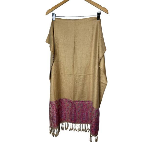 Pashmina Silk blend shawl scarf. Tan and Pink motif - Picture 7 of 7